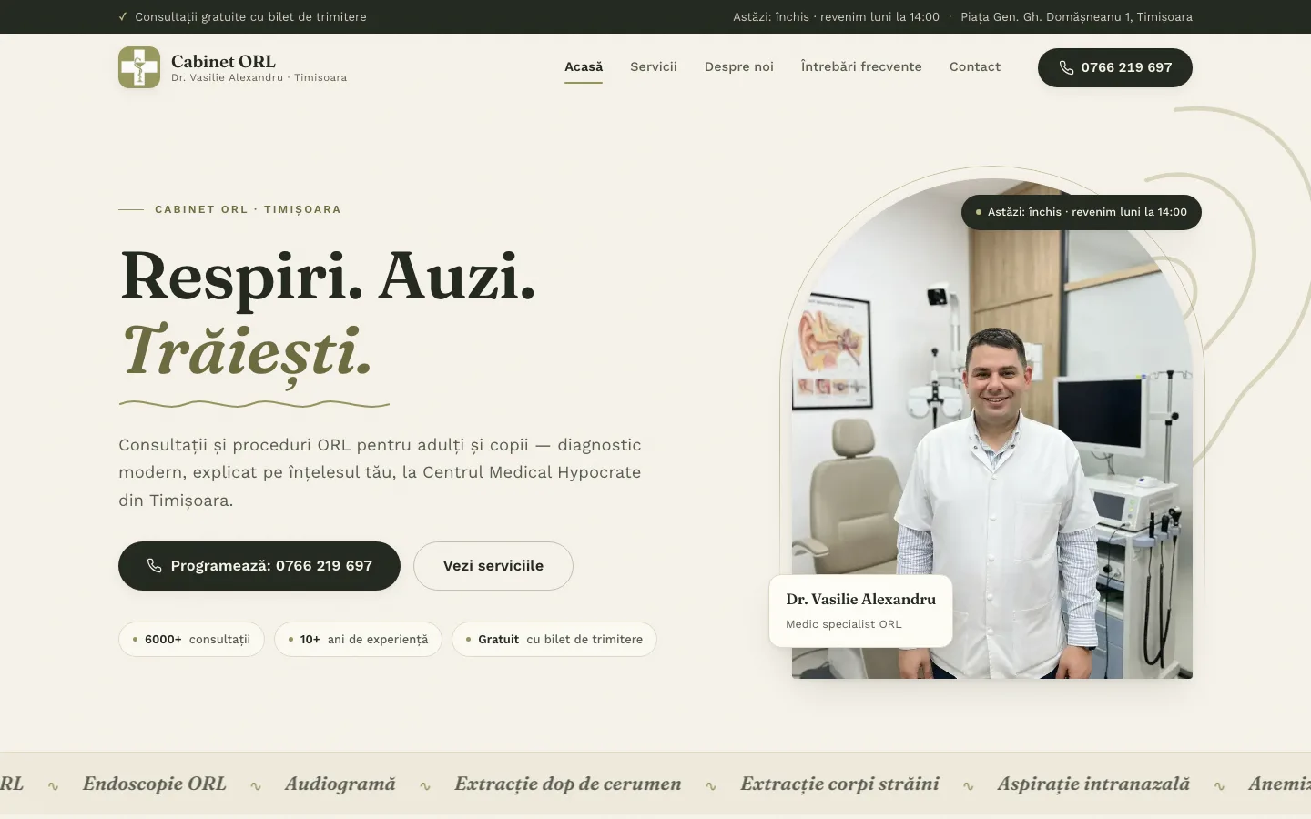 Cabinet ORL Timișoara: Site de prezentare pentru cabinet ORL, cu programări telefonice și SEO local