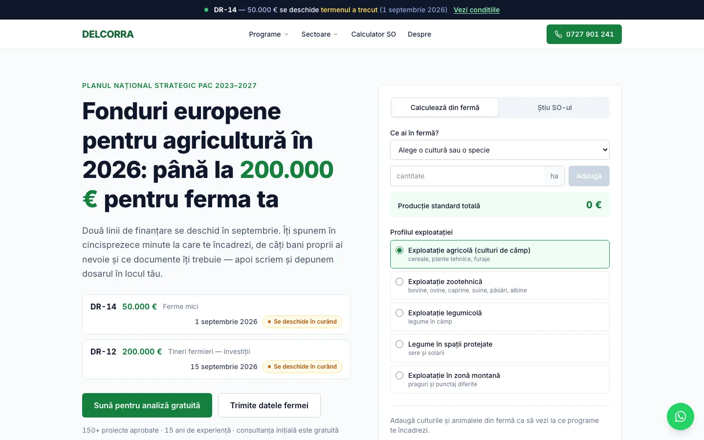 Delcorra: Site cu calendar de finanțări și formular de eligibilitate pentru fermieri