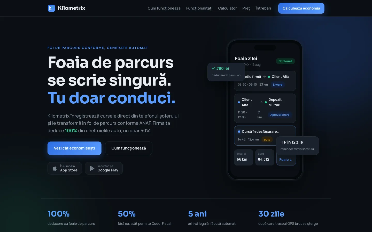 Kilometrix: Produs propriu: foi de parcurs generate automat din GPS, conforme ANAF, pentru deducere 100%