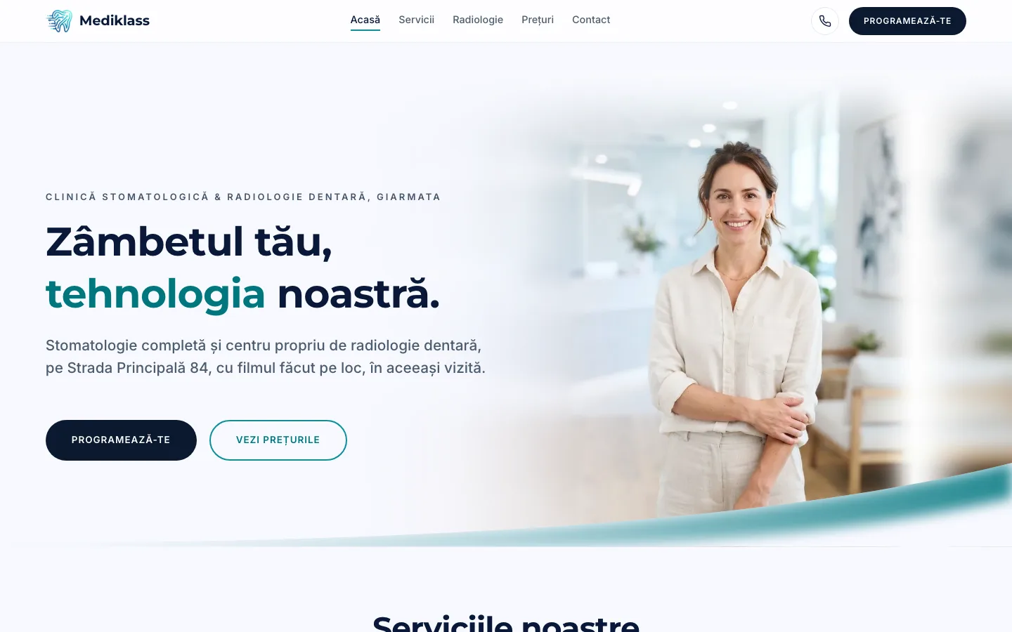 Mediklass: Site de prezentare cu formular de programare, prețuri și pagini pentru fiecare serviciu