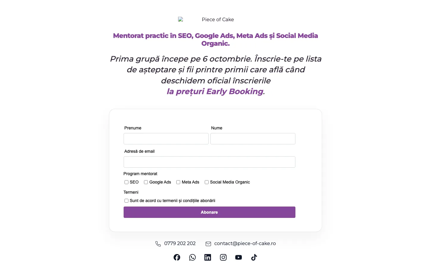 Piece of Cake: Landing page pentru un program de mentorat, cu înscriere