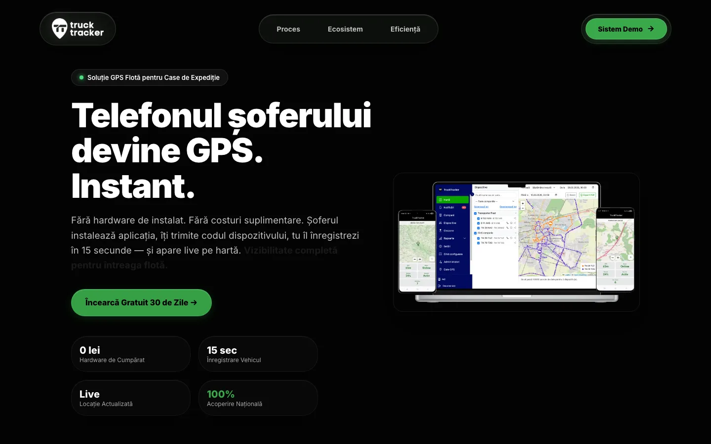 Truck Tracker: Produs propriu: urmărire GPS a flotei direct de pe telefonul șoferului, fără hardware
